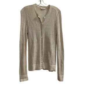 LOFT Women's Beige Gold Metalllic Open Stitch Cardigan Size M Long Sleeve